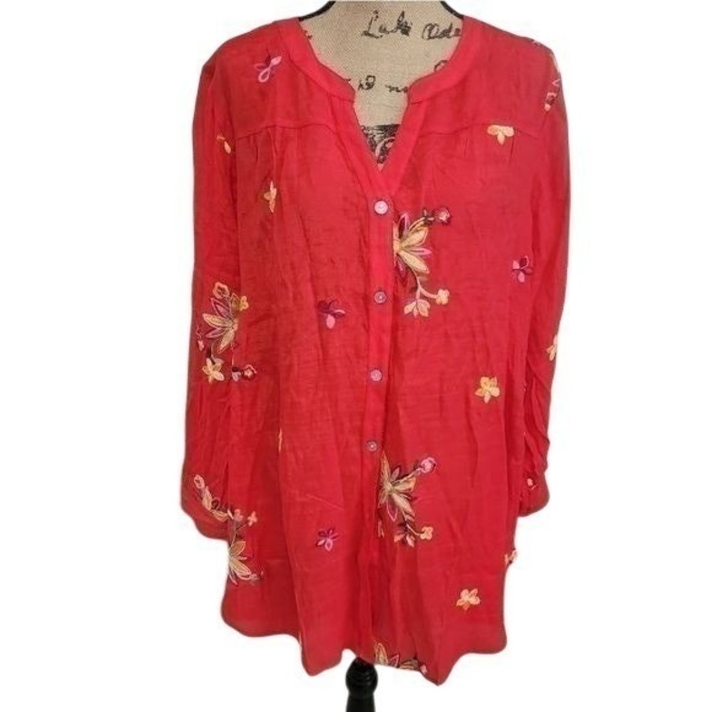 ANTHROPOLOGIE x fig & flower embroidered floral button down shirt plus size 1X